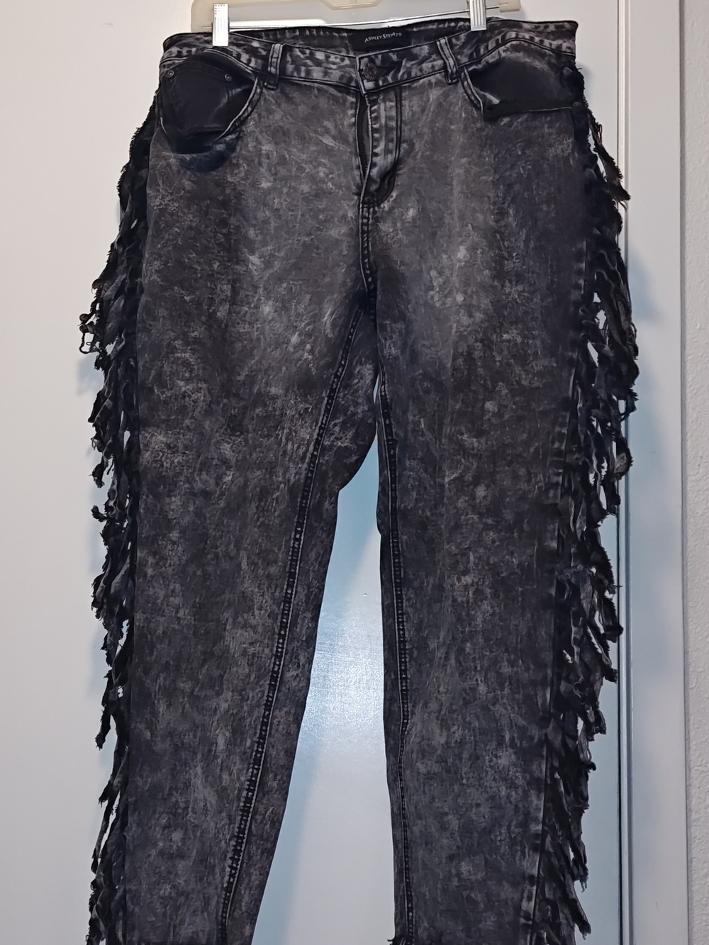 Ashley Stewart Black Acid-Wash Skinny Jeans with Fringe